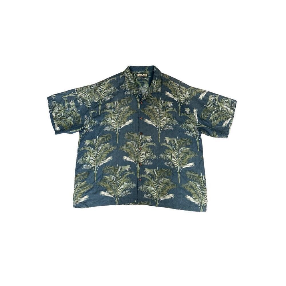 tommy bahama 100% silk hawaiian button down shirt men’s XXL blue green palm leaf